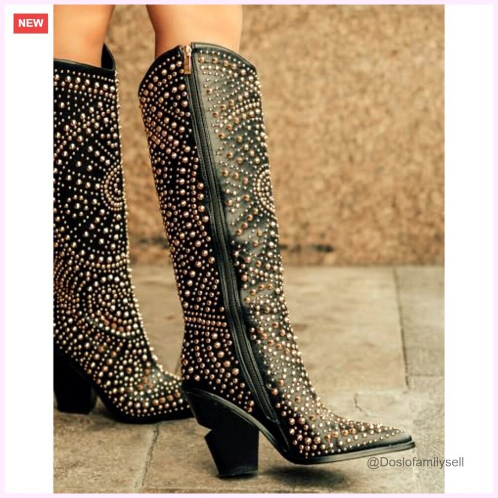 Pointed Toe Chunky Heel Studded Knee-High Boots, Size 5-12, Non-Slip Sole - Picture 4 of 7
